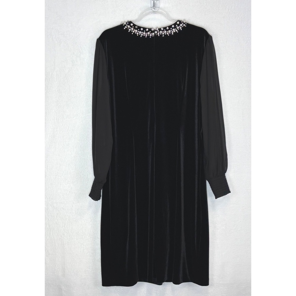 Tahari ASL Womens 16W Velvet Pearl Embellished Sheer Sleeve Black Cocktail Dress - Picture 3 of 12